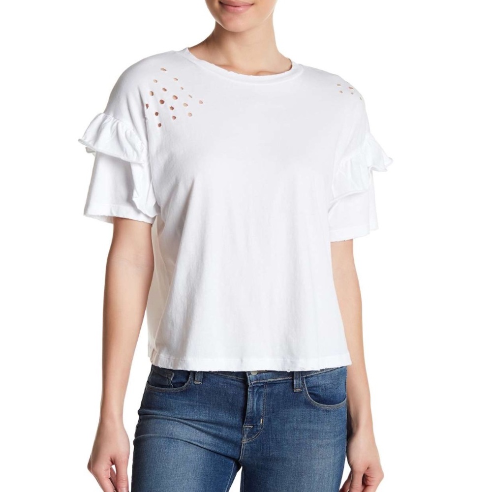 Ruffle Sleeve Distressed Tee